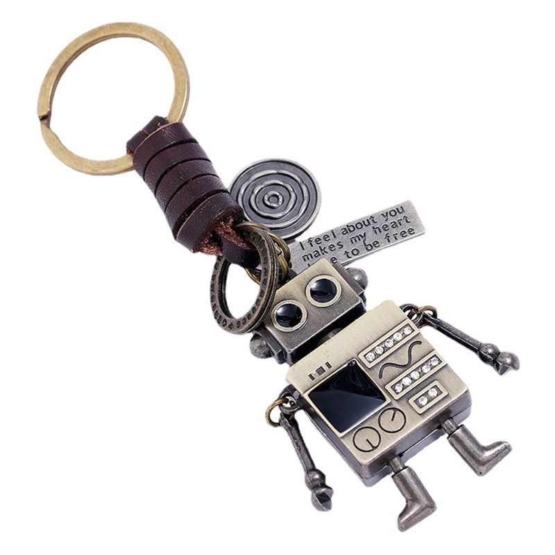 Simple personality retro woven hands and feet movable robot cowhide keychain creative girl bag pendant