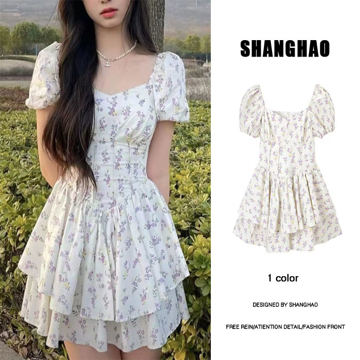 French Waist dress 2024 Summer New Chizhi Gentle Girl's Floral Sweet Double Layer Cake Skirt