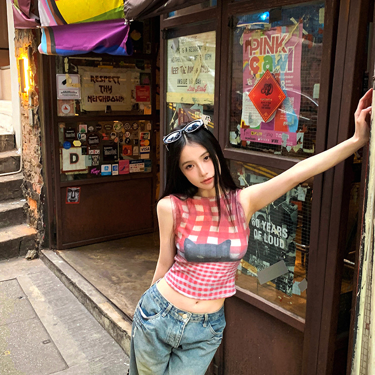 Red Hot Girl Season Slim Fit Outerwear Plaid Cat Design Printed Camisole Women's Summer Sleeveless Top Short Style