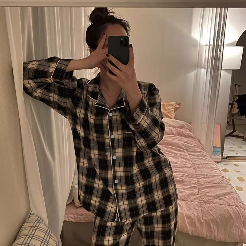 Ins Japanese Casual Pajamas Women's Autumn Thin Girl Home Comfortable Plaid Lapel Cardigan Two-Piece Set Wholesale