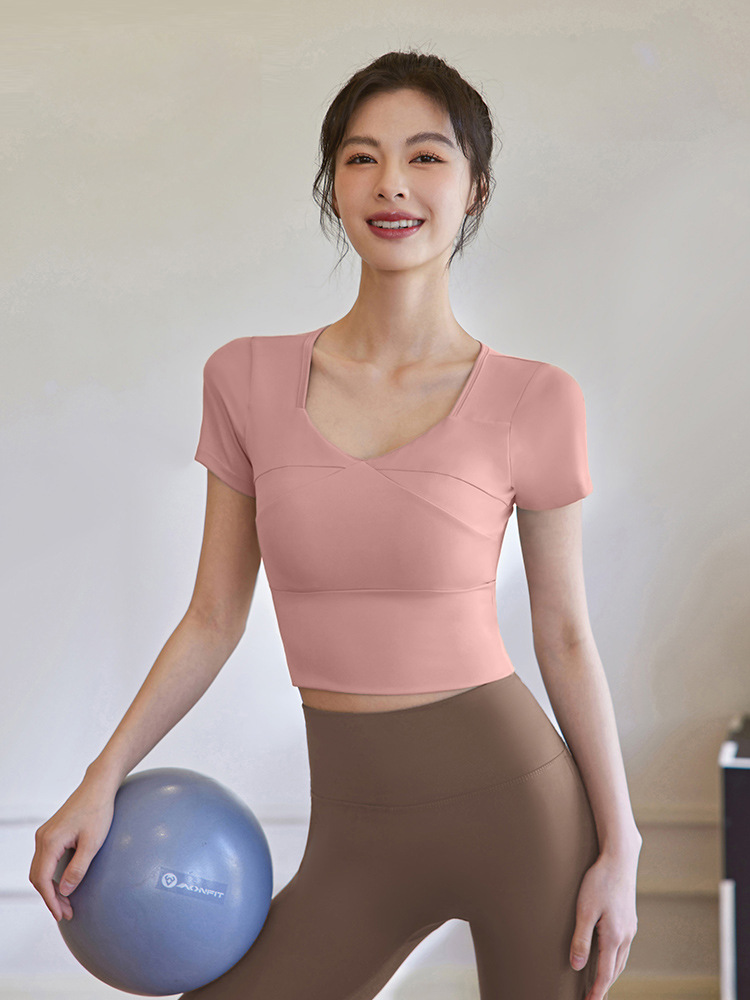 Picture of 2025 Summer Yoga Wear Women's Short Sleeve Fitness Clothes Training Tops Slim Fit Running Sports T-Shirt