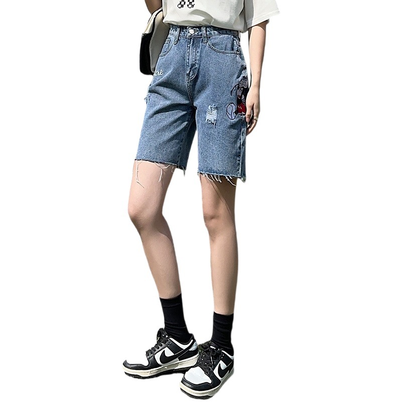 Denim fifth pants women's summer thin high waist ripped embroidered middle pants 2023 new design sense small shorts