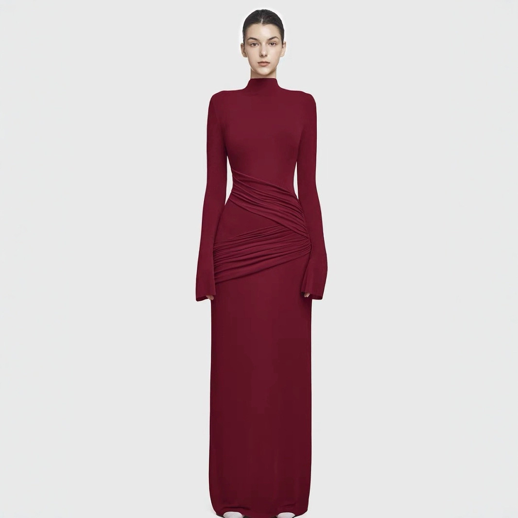 in stock Elegant wine red Midi Collar Ruffle High Collar Dress Niche Simple Slim-Fit One-Step Dress dress