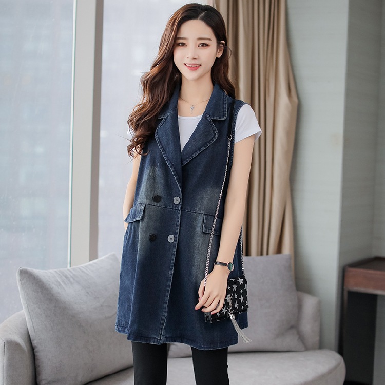 2024 Spring and Autumn New Denim Vest Women's Mid-Length Korean Style Waistoutwear Fat mm Large Size Loose Vest Blazer