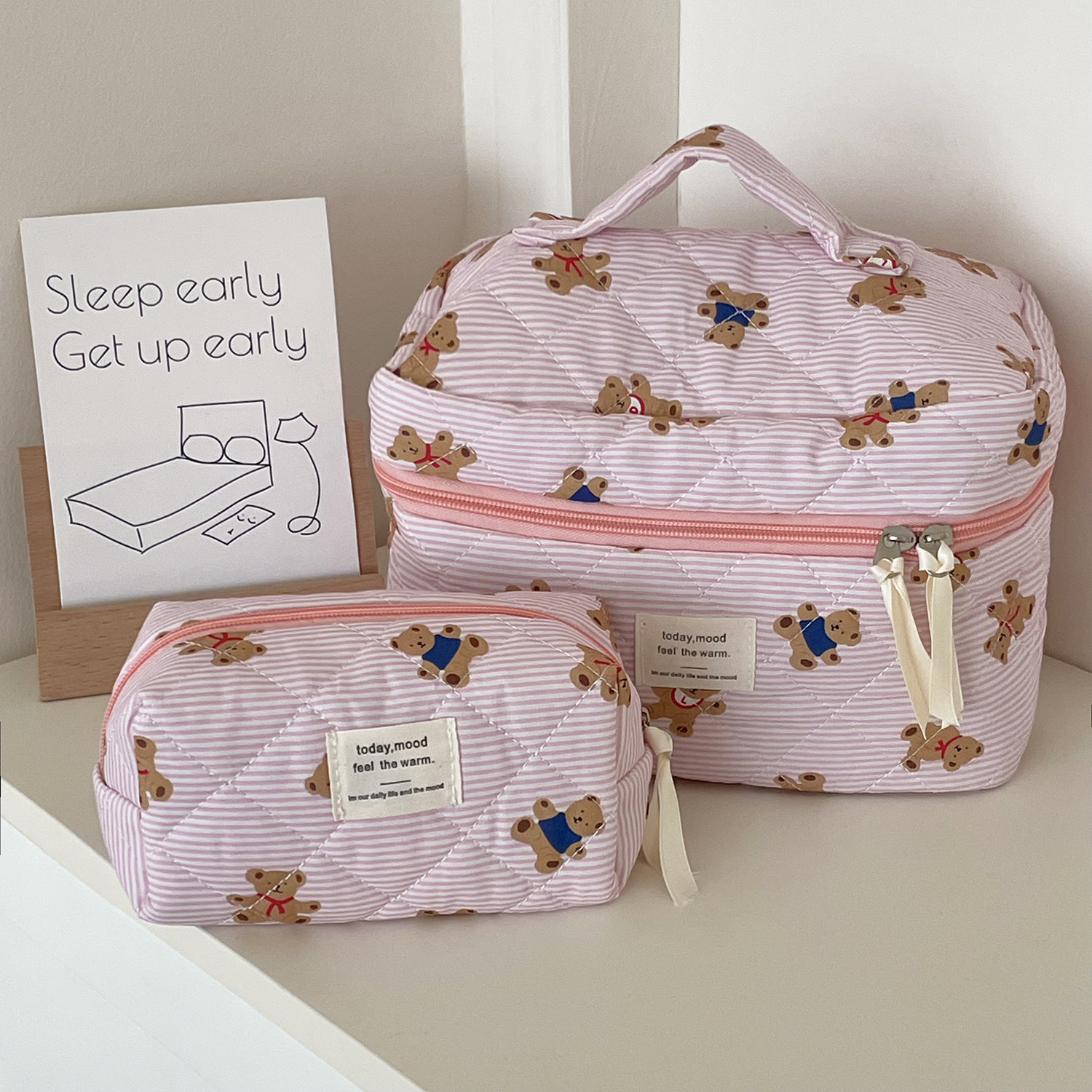 Picture of Cross-Border Pink Striped Bear Cosmetic Bag Student Portable Cute Cartoon Toiletry Bag Quilted Portable Storage Bag