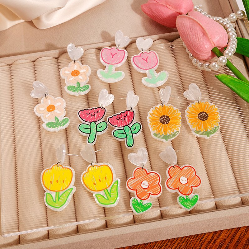 Silver Acrylic Cartoon Rose Ear Studs Small Fresh Cute Girl's Earrings Small Daisy Flower Earrings