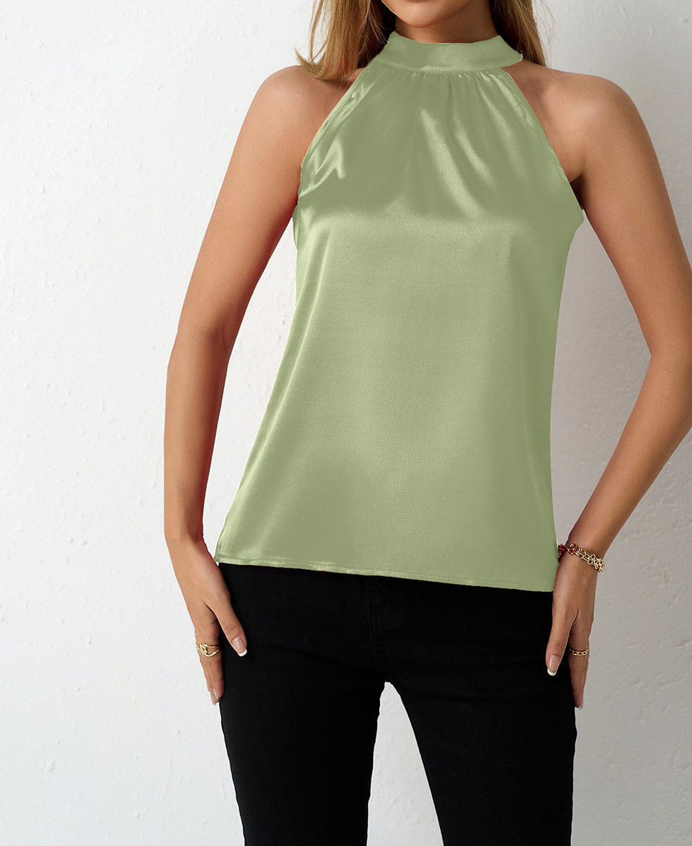 Picture of Real Shot of Amazon European and American Cross-Border Women's Clothing Export Summer New Satin Vest Women's Off-Shoulder Halter Satin Top