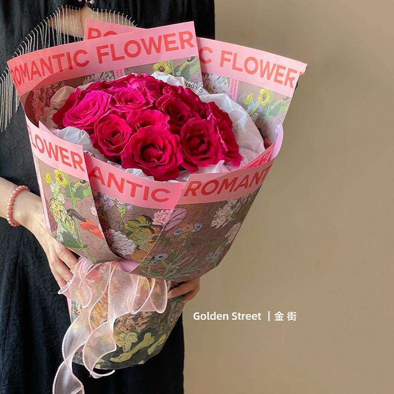New bouquet wrapping paper wholesale flower shop floral flower packaging thickened kraft paper rose creative oil painting paper