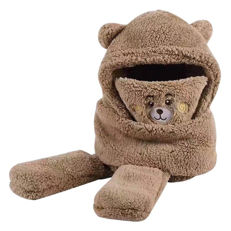 Picture of Autumn and Winter Hat New Cute Warm Mask Bear Hat Integrated Neck Scarf Gloves Popular Versatile Plush Four-In-One