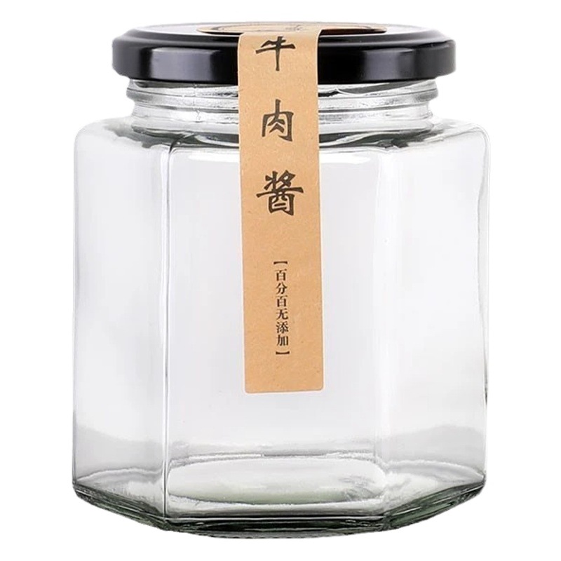 Hexagonal glass jar sealed food grade small empty bottle with lid for one Jin lemon cream honey pepper jam