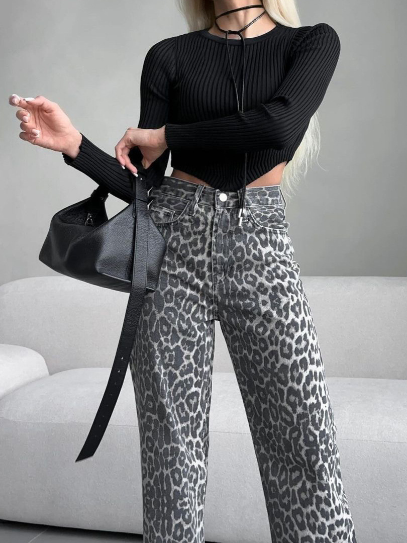 Casual Gray Leopard Print Straight Pants Narrow Women's Spring and Autumn High Waist Casual Pants Spring Short Leg Long Ins