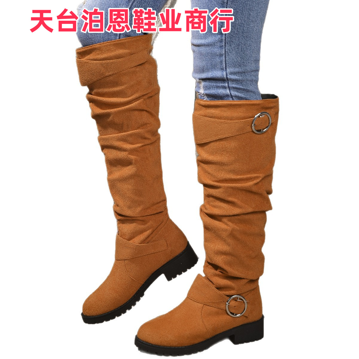 Picture of 2025 Foreign Trade European and American Fashion Autumn/Winter New In-Stock Low Heel Pleated Women's Leather Boots, Western Denim Mid-Calf Women's Boots