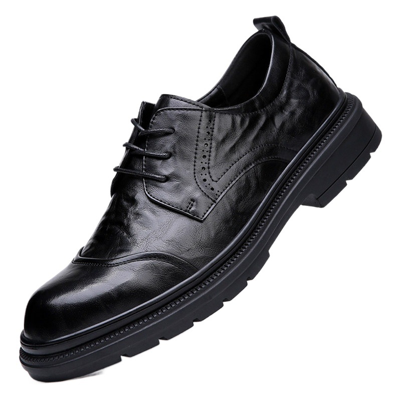 Men's leather spring breathable leather shoes round toe thick bottom soft leather casual business shoes trendy versatile small leather shoes