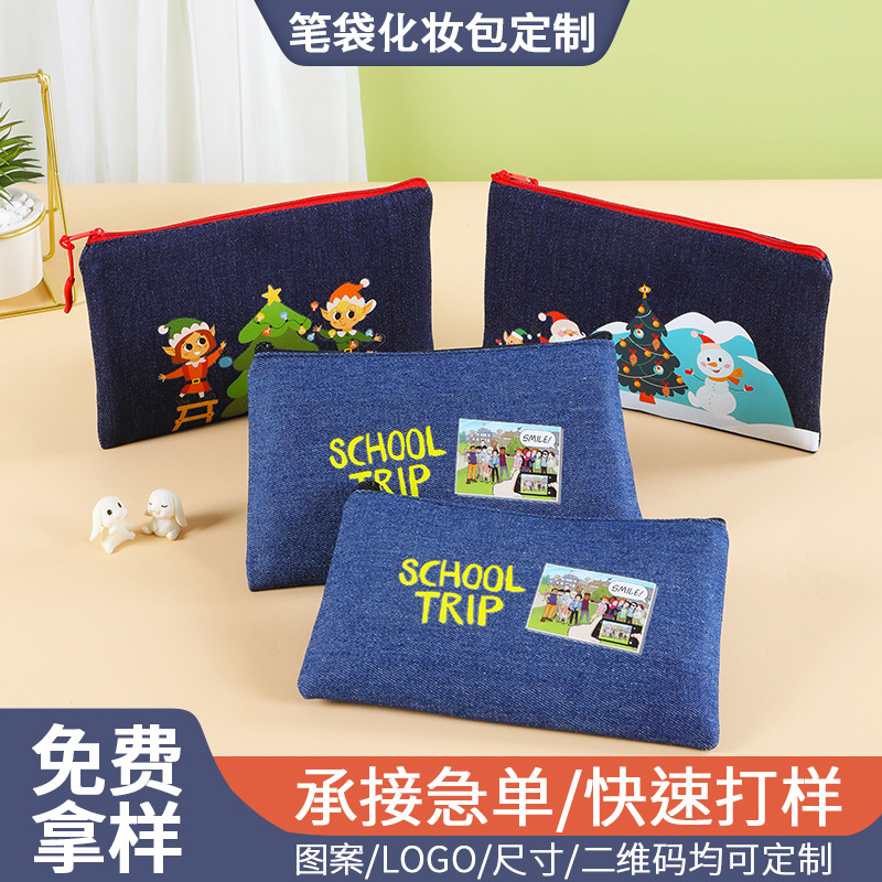 Manufacturer Customized Canvas Pencil Bag Denim Hand Cosmetic Bag Student Stationery Bag Christmas Zipper Pencil Bag Customized