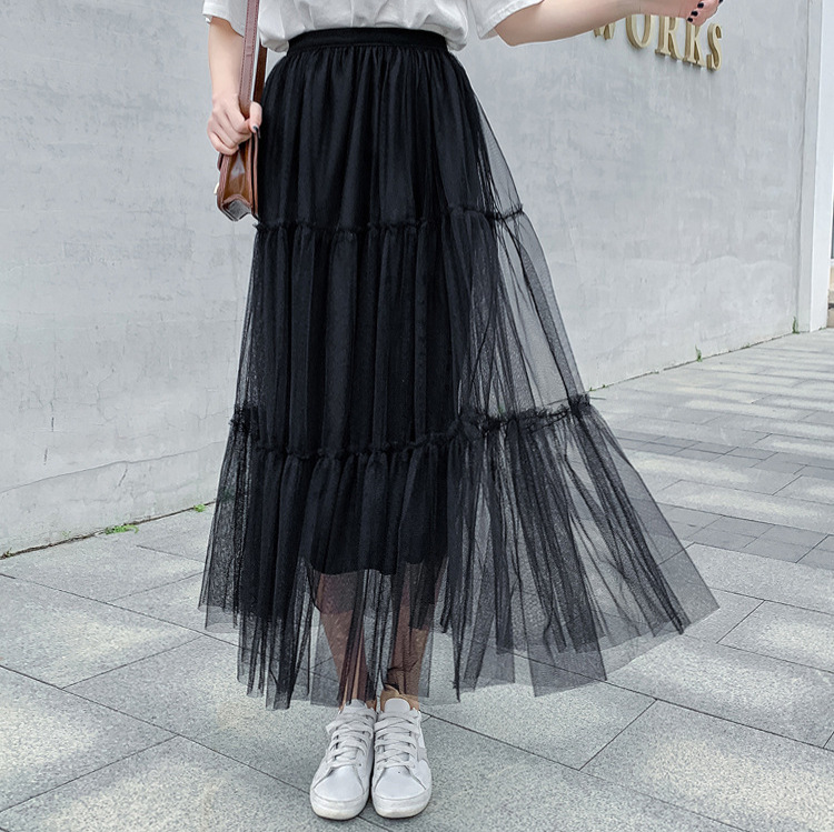 Super Fairy Sweet Mesh Skirt 2024 Spring and Summer Korean Style Pure Color Versatile Fashion Splicing Western Style Pleated Skirt