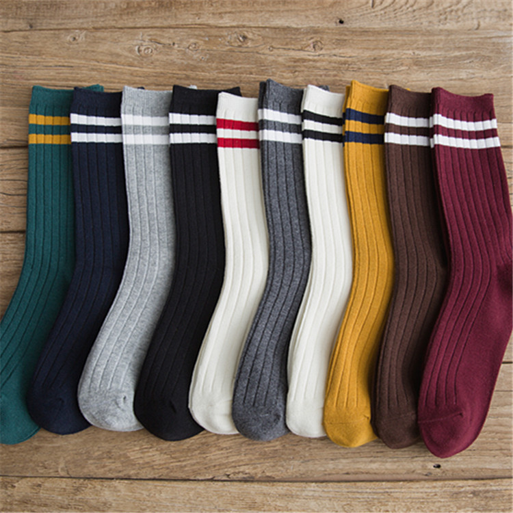 Japanese Style Slouch Socks for Women, Two-Stripe Double-Needle College Style Mid-Calf Cotton Socks, Wholesale Versatile Bubble Socks