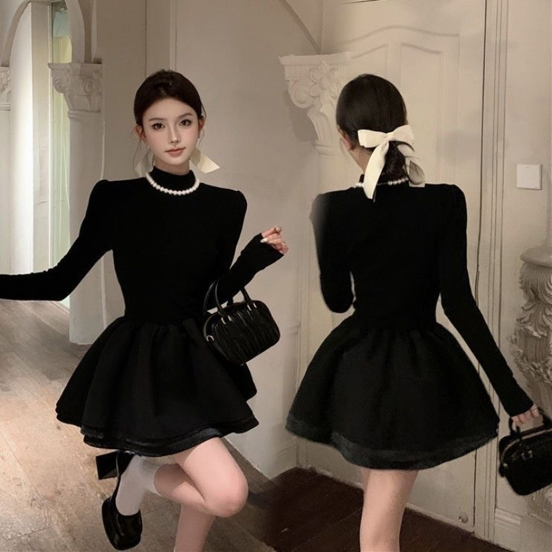 Spice Girl's Golden Style Little Black Dress Princess dress Women's Autumn and Winter Inner Dress Christmas Birthday Dress