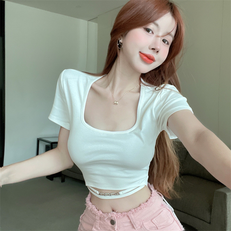 Solid Color Shoulder Cotton Women's Short-sleeved T-shirt Women's 2023 Summer New Style Chain Slim-fit High Waist Short Top Trendy