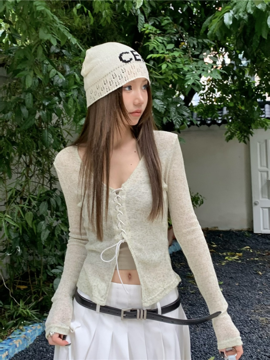 2024 Summer New Spice Girl Long-sleeved Green Knitted Sweater Women's Autumn New Slim-fit Drawstring Tape Two-piece Suit