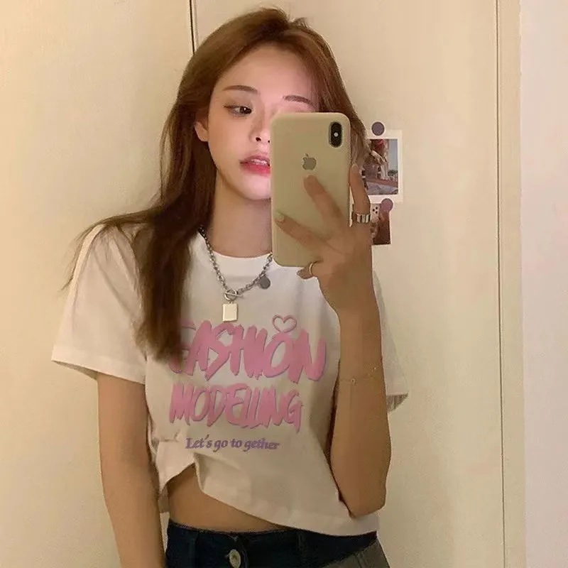 Picture of Short-sleeved T-shirt Women's Black Short Shoulder Summer Top New Sweet and Spicy Style American-style Slim-fit Navel-exposed Niche Students