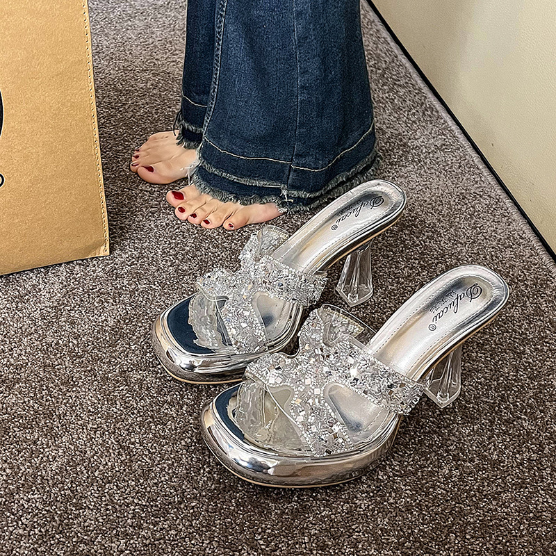 Sexy Waterproof Platform High-heeled Sandals and Slippers for Women 2024 Spring and Summer French Style Rhinestone Outer Wear Banquet Chunky Heel Slippers