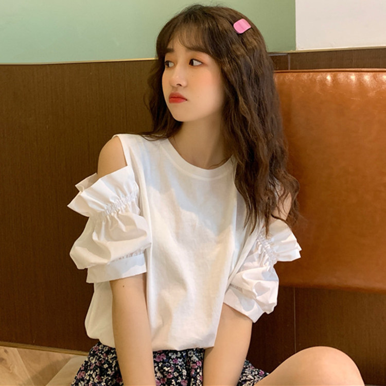Sexy Women's Off-shoulder Short-sleeved T-shirt Women's Summer Korean-style Loose Design Sense Niche White Top Ins T-shirt
