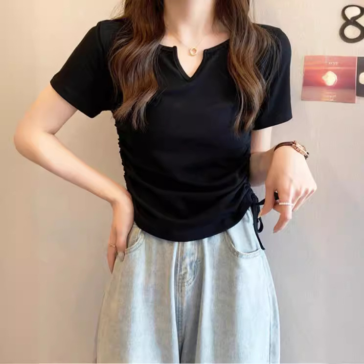 Picture of Designed V-Neck Drawstring Slim-Fit Pure Desire Style Short-Sleeve T-Shirt for Women, 2025 Summer New Solid Color Student Top Trendy