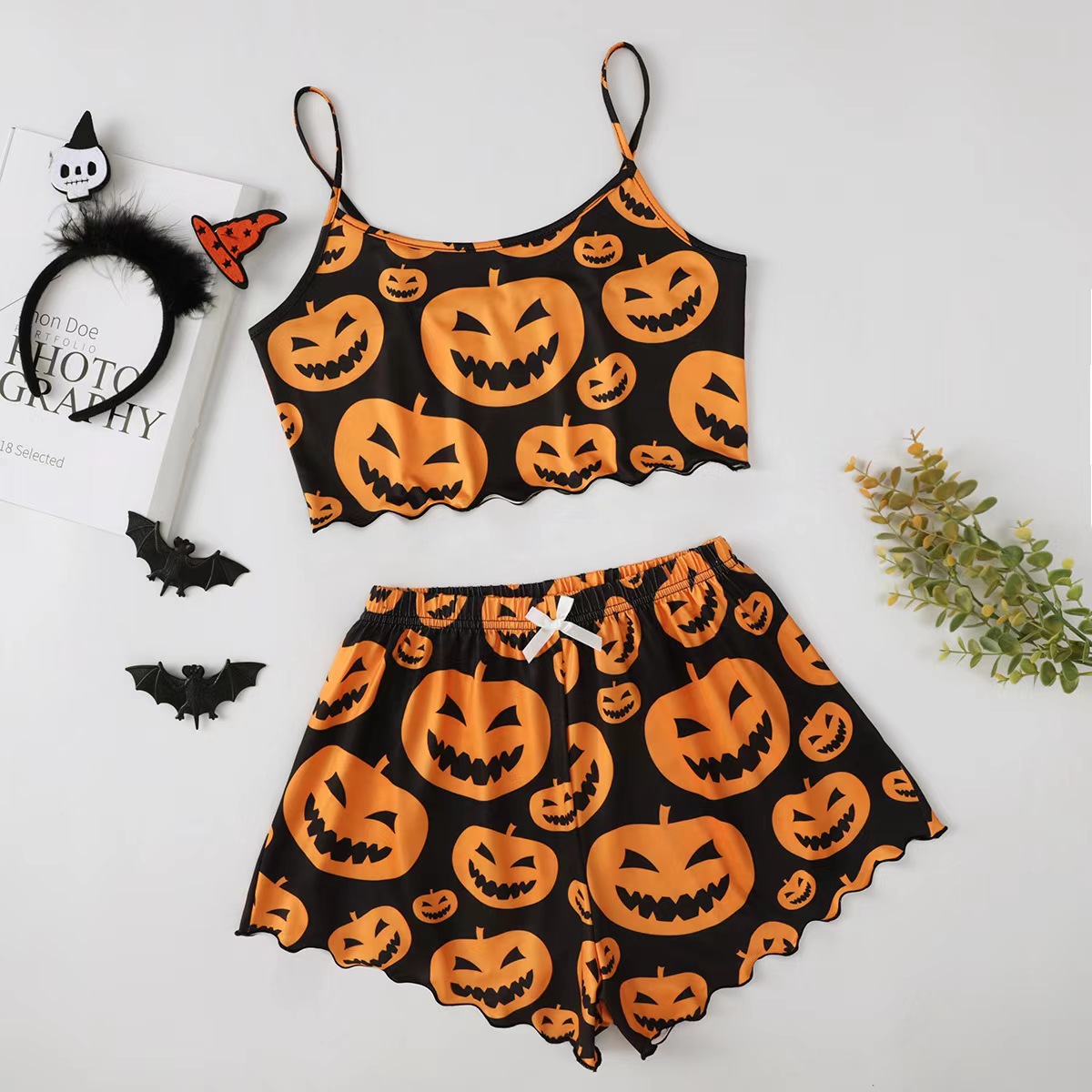 Picture of European and American-style Halloween Pumpkin Printed Sleeveless Top Shorts Home Clothes Pajamas Women's Suit pajamas