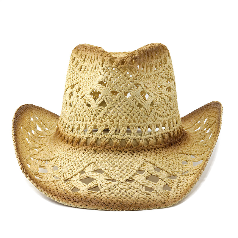 Picture of European and American Retro Western Cowboy Hat Sunscreen Hollow-out Jazz Hat Cross-border Malan Flower Windproof Rope Denim Straw Hat