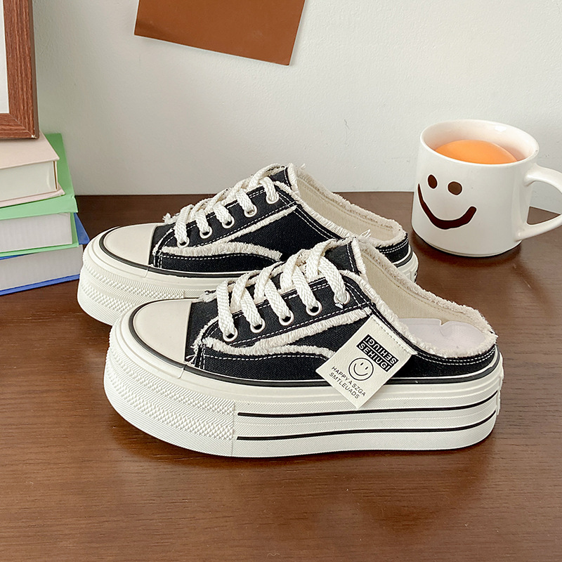 Baotou Slippers Women's Summer Outfit New Arrival Canvas Shoes Heel-Free All-Match Lazy Half-Slip-on Thick-Bottom Ins Trendy