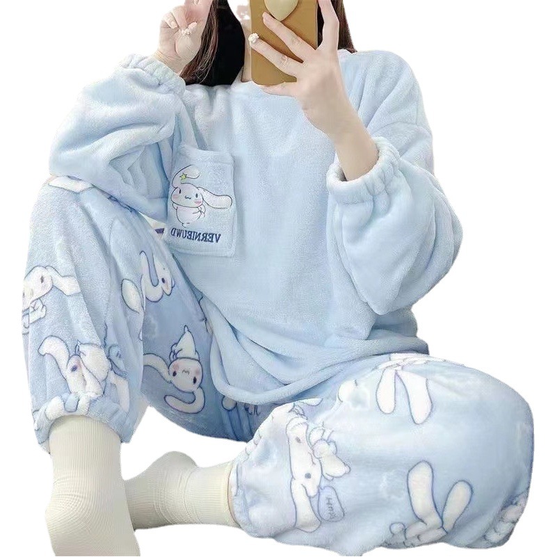 Factory Low Price 2024 Winter Thickened Flannel Women's Round Neck Cartoon Pajamas Thickened Coral Fleece Women's Suit Home