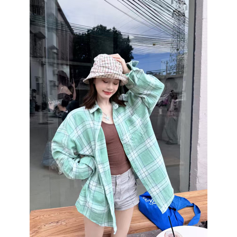 Original Fabric Real Price Green Cotton Plaid Shirt Women's Inner Layered Base Jacket Loose Slim Shirt