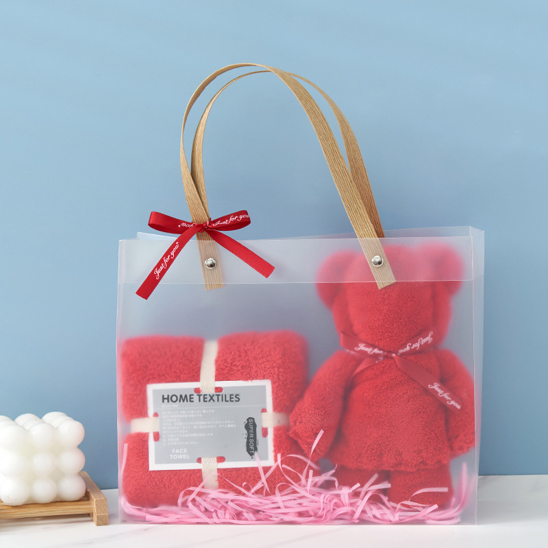 Picture of Coral Velvet Towel Pvc Double Satchel Gift Box Bear Holiday Wedding Souvenir Towel Gift Towel Embroider