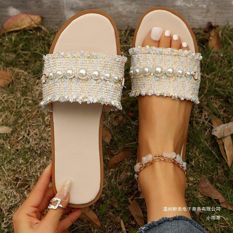 European and American Foreign Trade Ethnic Style Flat Slippers for Women Cross-Border Retro Beaded Lightweight Outer Wear Sandals Amazon