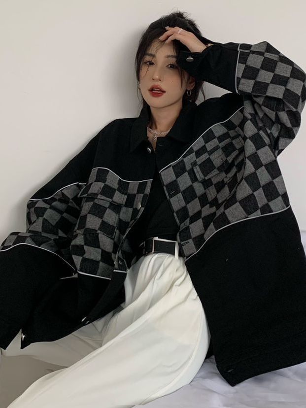 Picture of Checkerboard Stitching Denim Jacket Loose Korean-style Fashionable Autumn and Winter ins High Street All-match Jacket Top for Men and Women Students