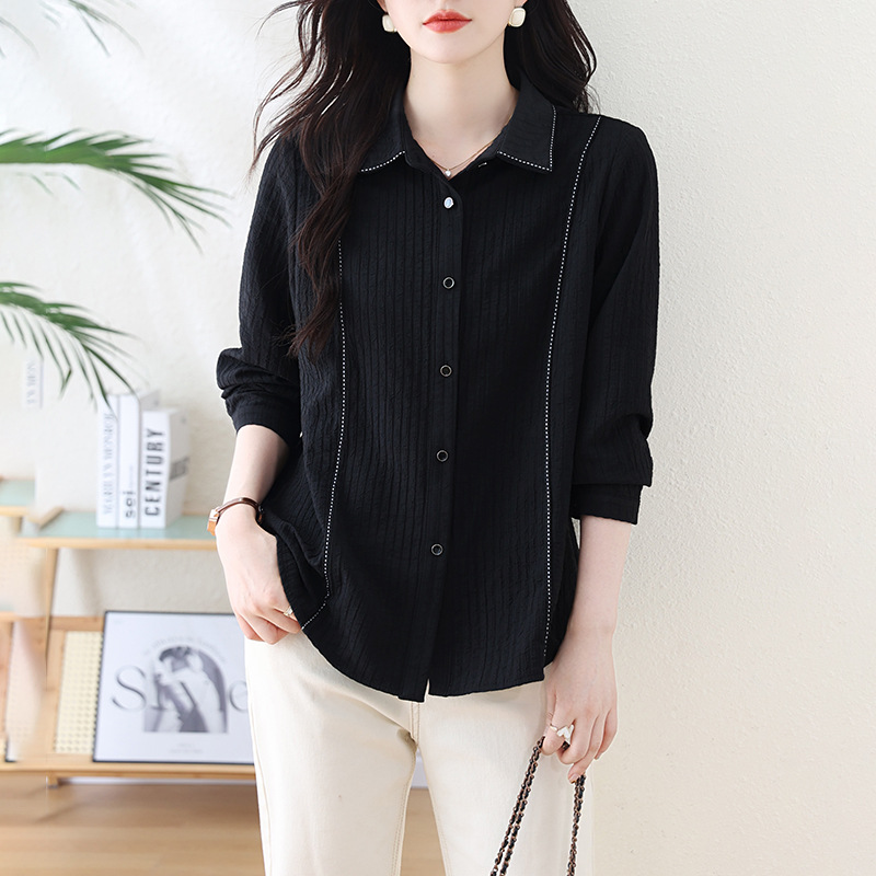Picture of Real Shot Black Long Sleeve Shirt Women's Early Autumn New Salt Shrink Texture Temperament Daily Commuter Top