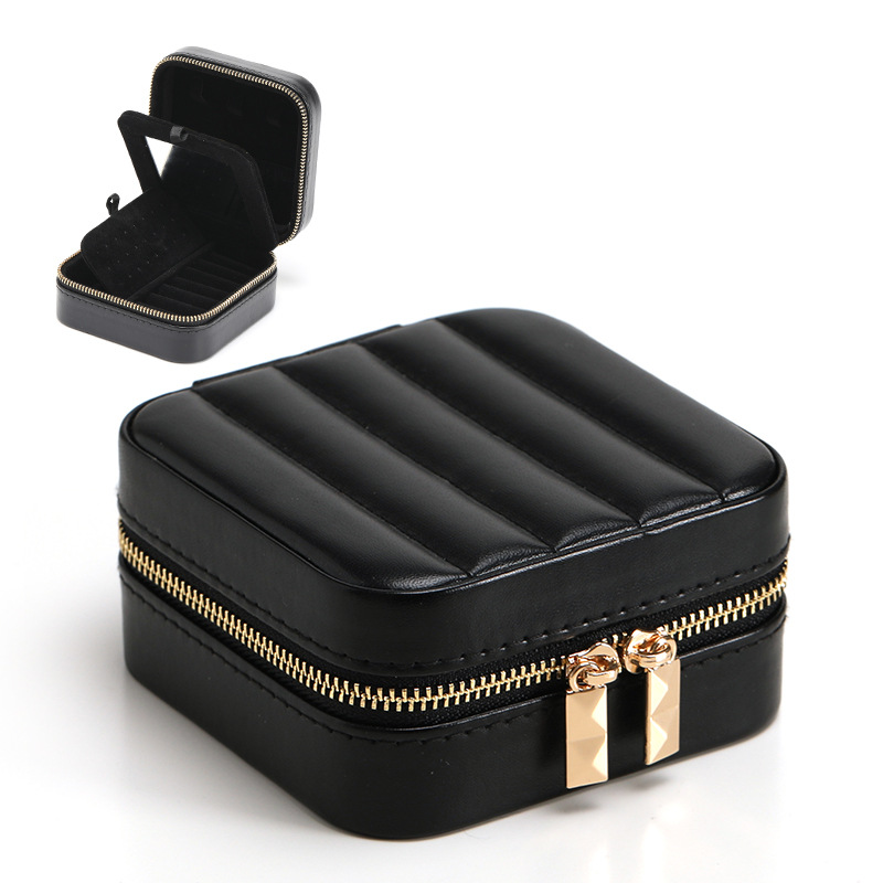 Picture of Striped Metal Zipper Jewelry Box with Mirror Jewelry Ring Necklace Storage Box Multifunctional Portable Jewelry Box