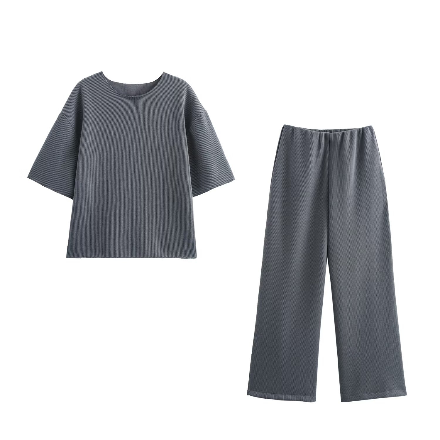ZA cross-border women's clothing wholesale soft short sleeve rib top wide leg pants suit 0264875 0264677