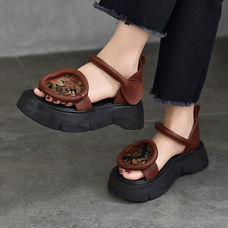 [Event Price 168] Ethnic Style Thick-Soled Sandals Genuine Leather Roman Shoes First-Layer Cowhide Hollow Women's Sandals