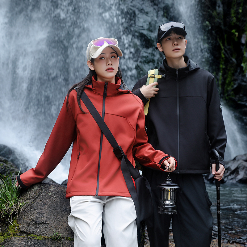 Picture of Fleece-Lined Softshell Jacket for Men, Custom Outdoor Hooded Couple's Jacket, Thickened Windproof Jacket, Warm Coat for Women with Printing