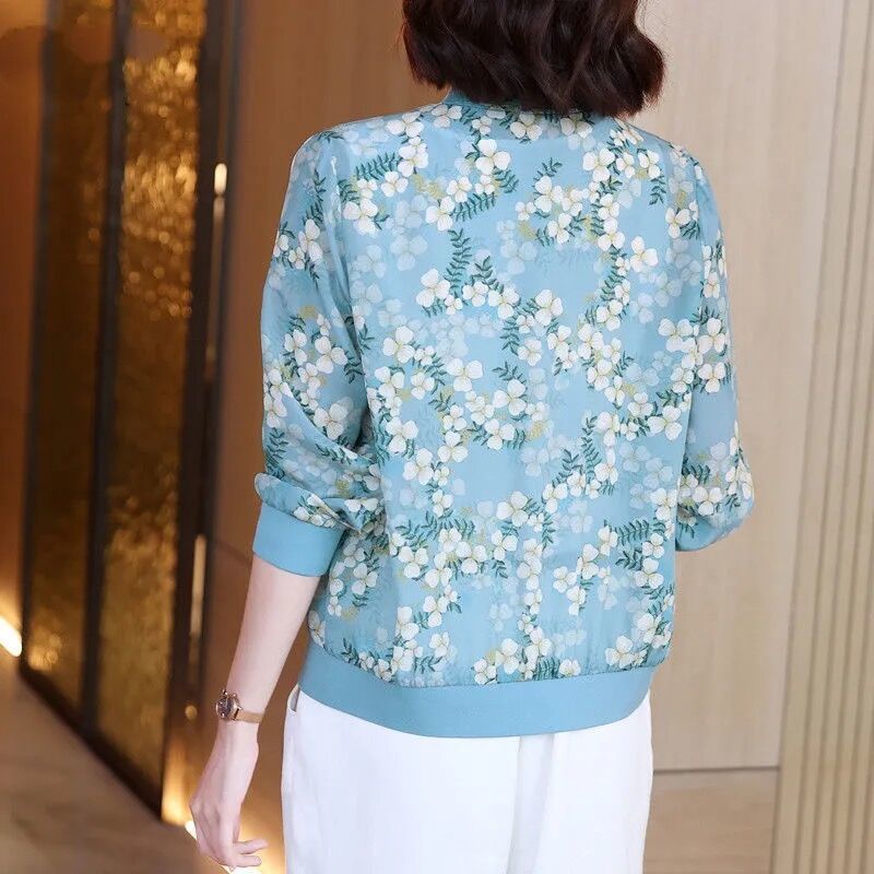Picture of Floral Chiffon Shirt Summer Long-sleeved Slim-fit Printed Loose Slim-fit Zipper Baseball Suit Coat Fashionable Thin Jacket