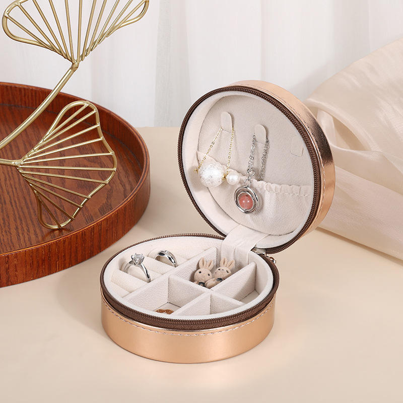 Picture of PU leather round jewelry box portable earrings earrings necklace ring compartment storage box travel jewelry box