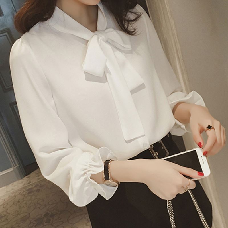 Picture of Bow White Shirt for Women 2025 Spring and Autum New Korean Style Chiffon Shirt Retro Loose Long-Sleeved Top