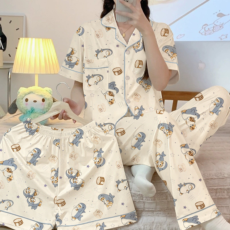 Picture of Spring and summer new high-end pajamas women's cardigan cute cartoon short sleeve three-piece home clothes suit can be worn wholesale