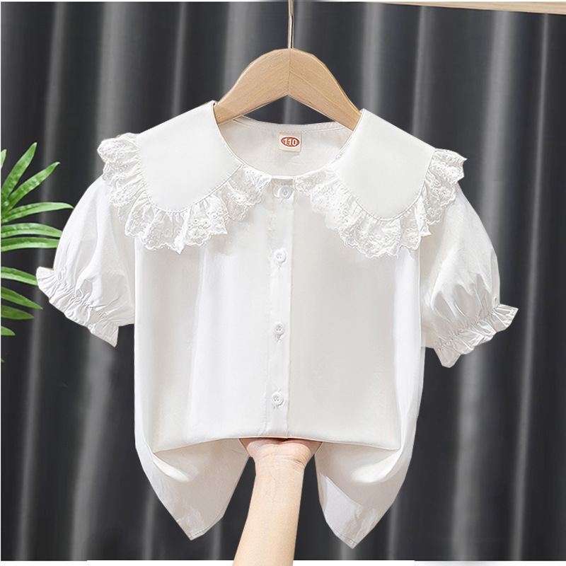 Picture of Girls Short-Sleeved Shirt Summer New Style Medium and Large Children's Summer Pure Cotton Shirt Doll Shirt White Top Cross-Border