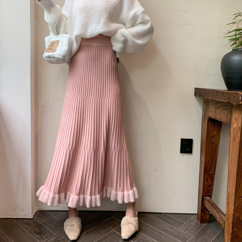 [Stacked placket] 24 Winter Puyuan Imitation Mink Hair Skirt Women's Autumn and Winter South Korea High Waist Hip Covering Knitted Skirt