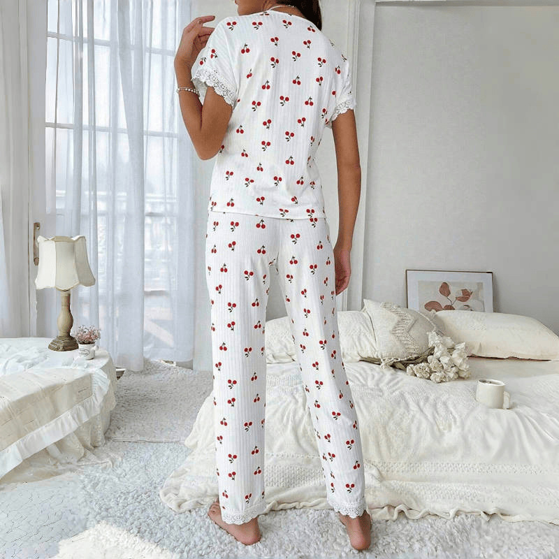 Picture of European and American Cross-Border Best-Selling Women's Home Clothes Cherry Print Water-Soluble Embroidered Edge Short-Sleeved Trousers Can Be Worn Outside Pajamas for Women