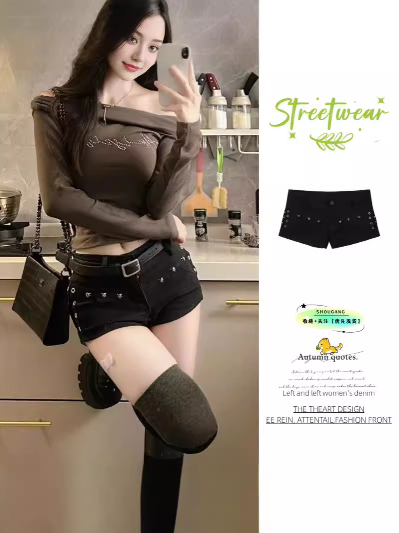 2025 Summer Denim Slim Straight-Leg Rivet Hot Pants Hot Girl Retro Easiest for Match Hip Covering Low Waist Stretch Shorts Super Shorts