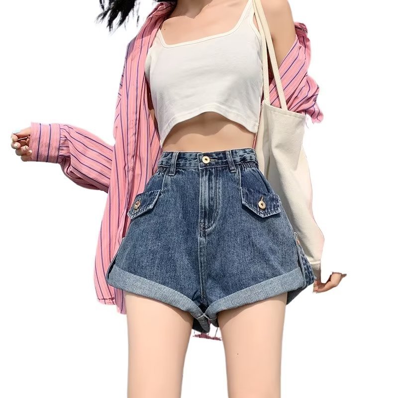 Picture of Blue curling Denim shorts women's summer 2024 New loose slimming high waist design sense a-Line hot pants