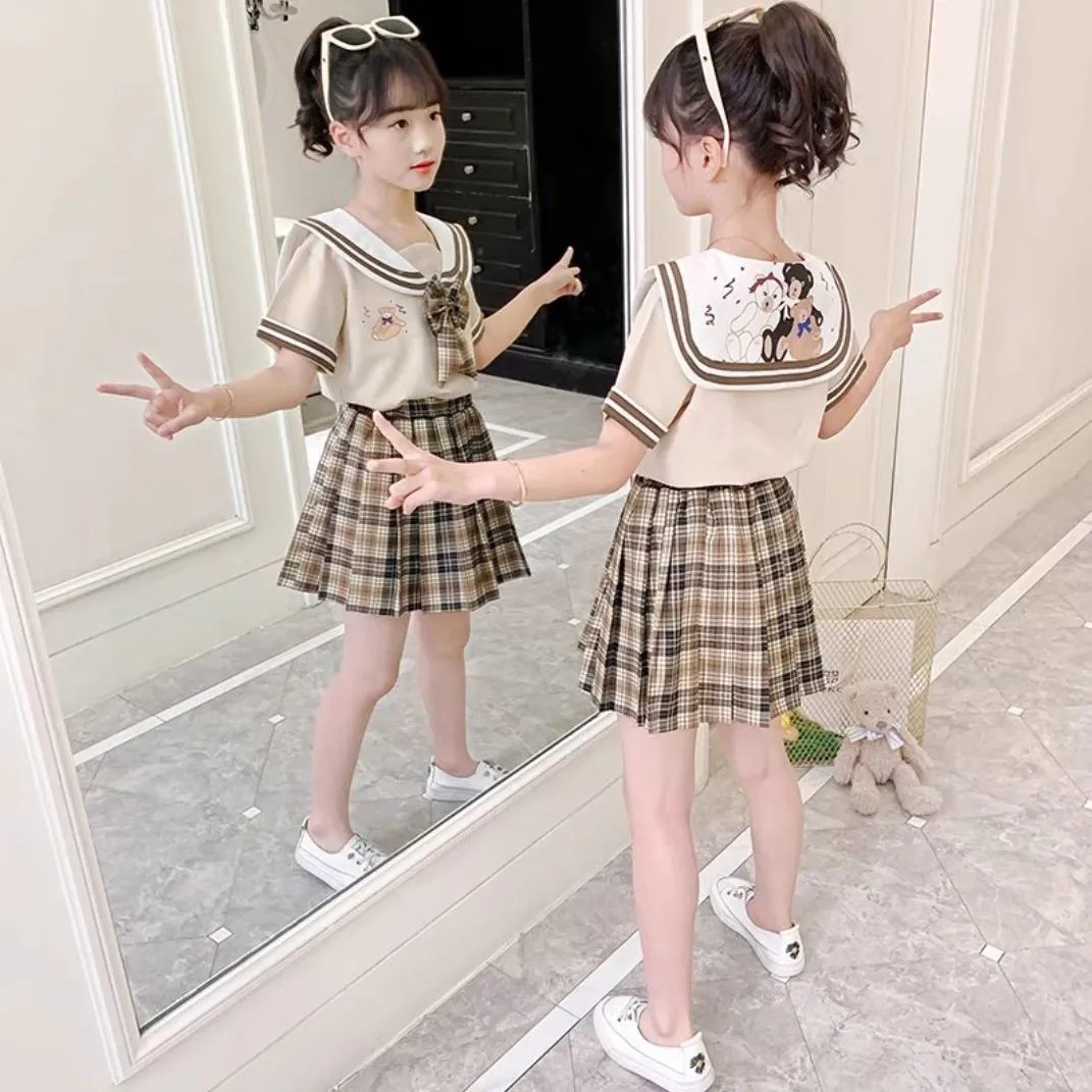 Girls' jk Uniform Set Summer New Style Western Style Children's Wear Girls' College Style Children's Dress Set Two-piece Fashionable